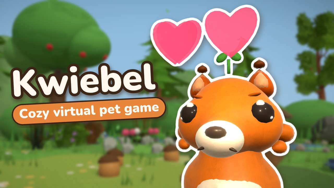 A little fox with two hearts above its head, next to the words Kwiebel, cozy virtual pet game